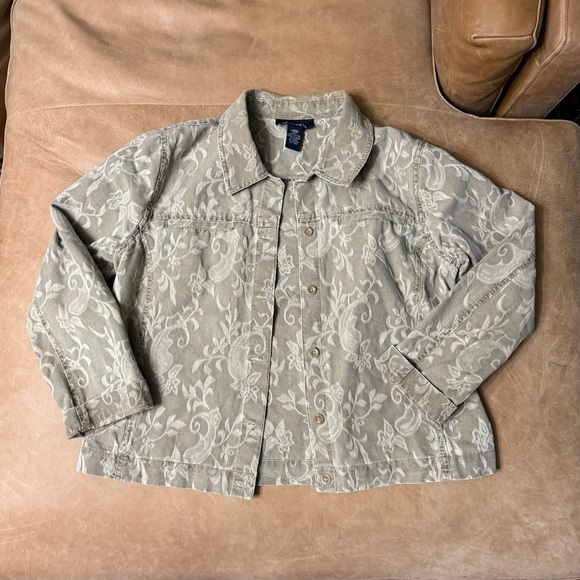 Denim & Co. Khaki Green Floral Jean Jacket Women’s Size Size Large - Picture 1 of 7